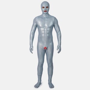 Könnte beinhalten: Ganzkörperanzug aus silberfarbenem Latex mit passender Kapuze, die nur Augen und Mund freilässt. Der Anzug hat ein rotes, offenes Design im Genitalbereich. Die Figur steht aufrecht.