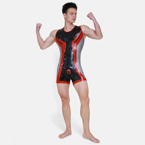 May include: A sleeveless, form-fitting bodysuit made of a shiny, smooth material. The garment features a black centre panel, grey side panels, and bold red accents along the chest and leg openings, with a small red logo centred at the waist.