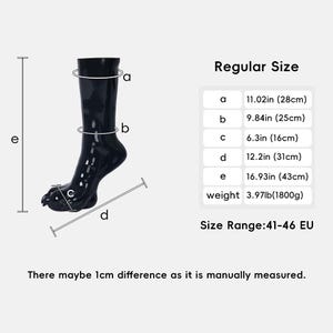 May include: A black glossy animal paw-shaped mannequin foot with a calf-length leg. A chart displays dimensions: a 11.02in, b 9.84in, c 6.3in, d 12.2in, e 16.93in, and weight 3.97lb. The text indicates a regular size range of 41-46 EU and manual measurement.