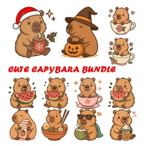 Cute Capybara PNG Bundle | Kawaii Capybara Clipart, Coffee, Ramen, Holiday Seasonal Animals, Cute Cartoon Digital Download for Stickers