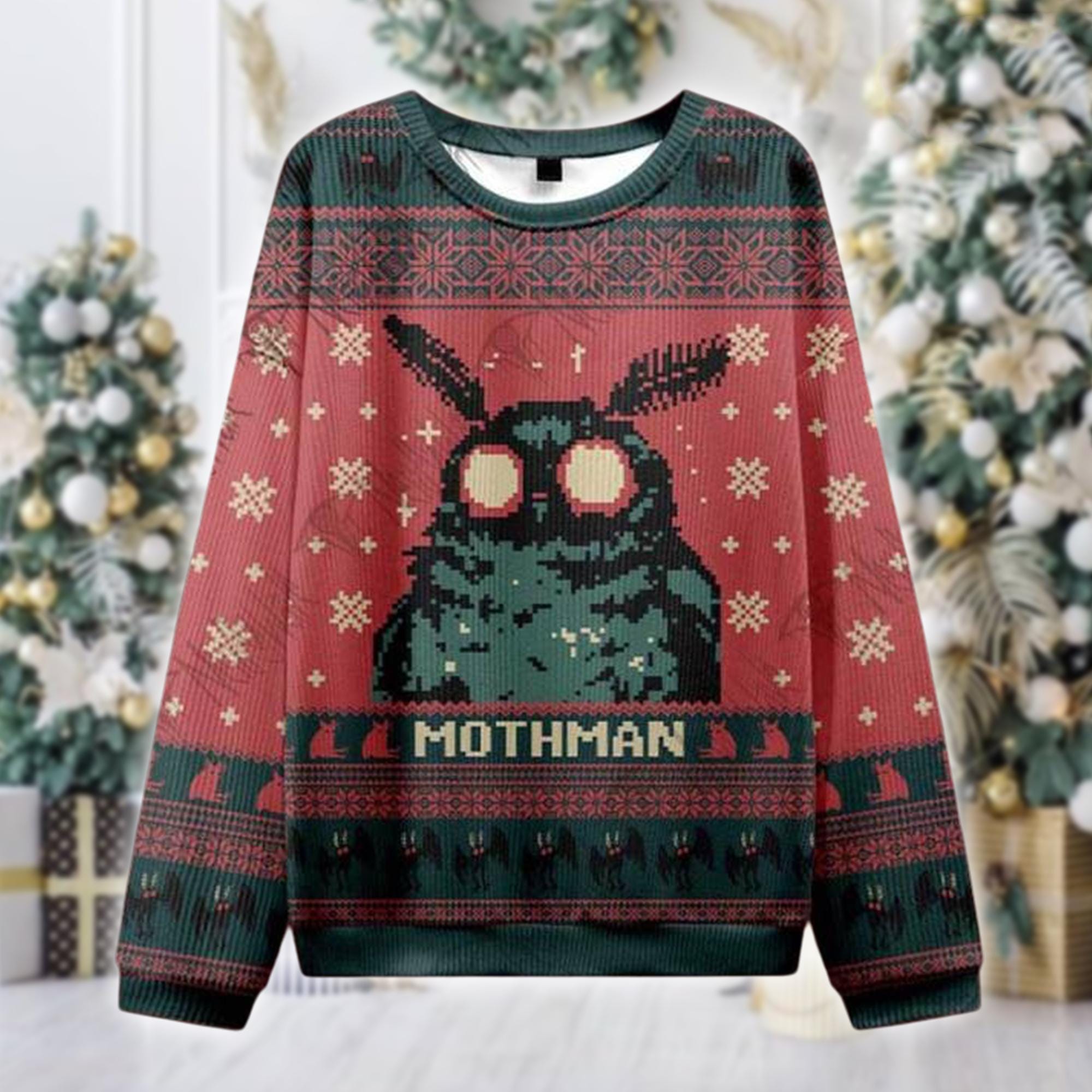Mothman Ugly Christmas Sweater, Cryptid Holiday Jumper, Funny Moth Monster Xmas Shirt, Weird Gift for Him Her, All Over Print