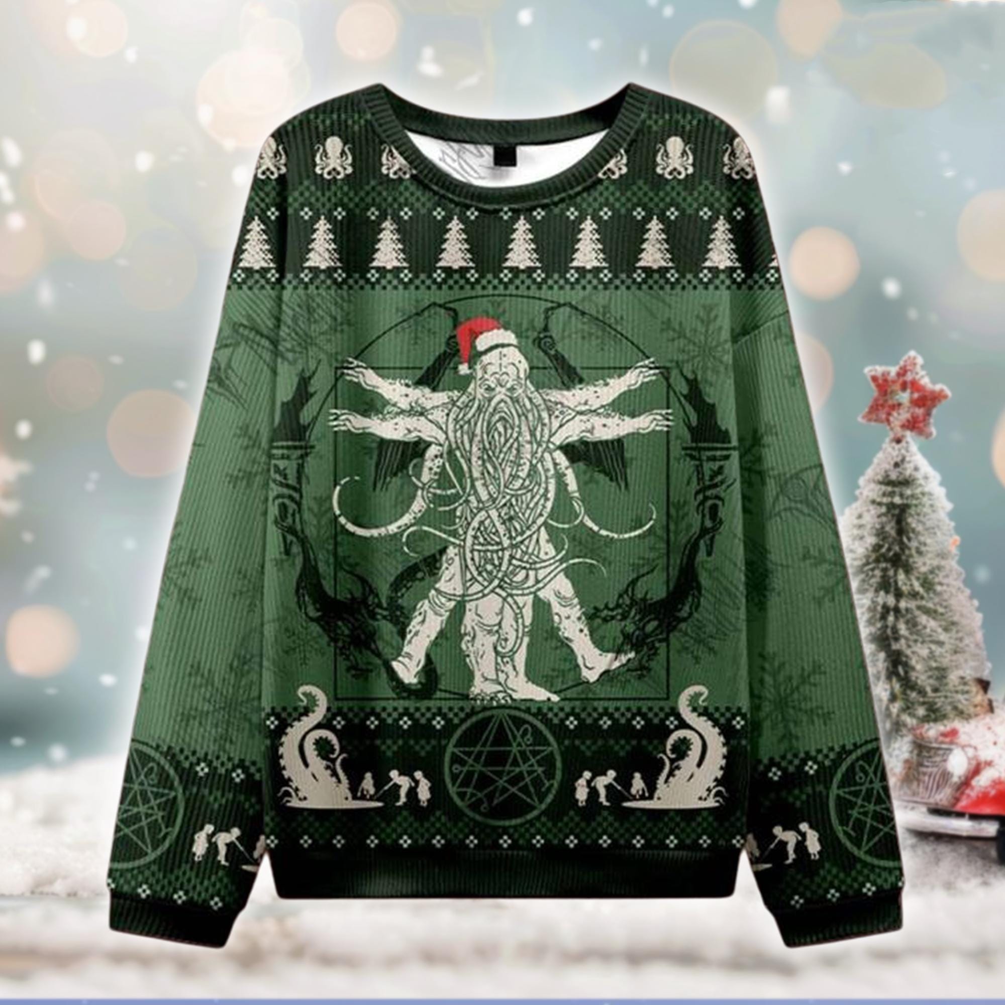 Discover Cthulhu Vitruvian Man Ugly Christmas Sweater, Eldritch Holiday Horror Sweatshirt, Mythos Tentacle Monster Xmas Jumper, Lovecraft Fan Gift