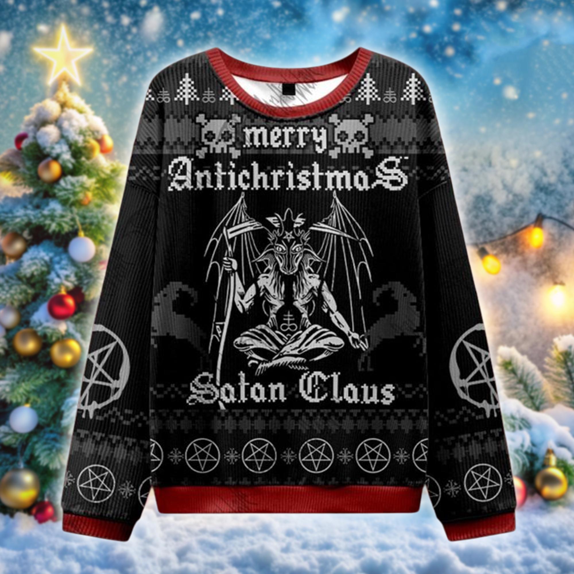 Discover Merry Antichristmas Satan Claus Sweater, Gothic Baphomet Xmas Ugly Sweater, Dark Humor Holiday Jumper, Occult Christmas Gift for Him Her