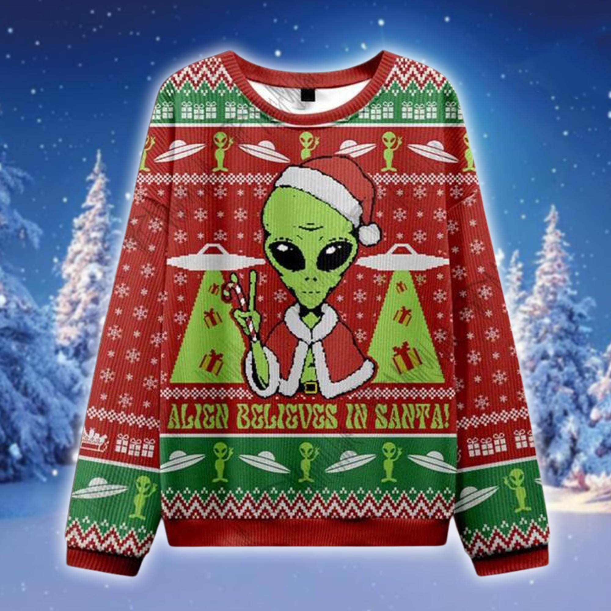 Discover Alien Believes in Santa Ugly Christmas Sweater, Funny UFO Holiday Sweatshirt, Green Alien Xmas Jumper, Space Lover Gift for Him Her