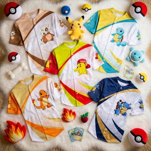 Peut inclure: Maillots de baseball avec des personnages Pokémon, dont Pikachu, Carapuce et Salamèche. Les maillots sont blancs, bleus, jaunes et marron, avec des graphiques de personnages. Des peluches et accessoires sont également présents, pour une présentation thématique.