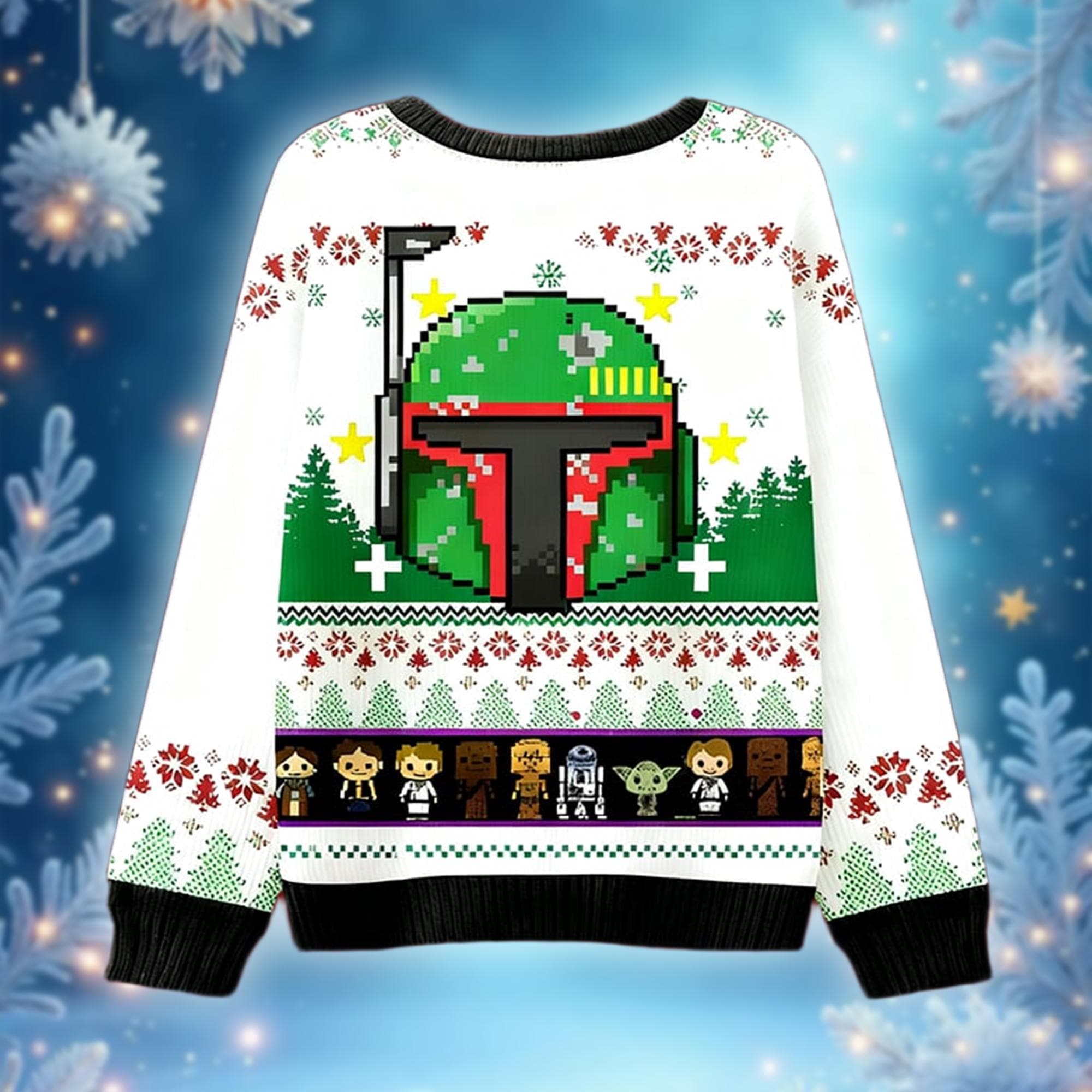 Discover Sci-Fi Ugly Christmas Sweater, Boba Fett Pixel Art Jumper, Holiday Gift, Galactic Empire Xmas
