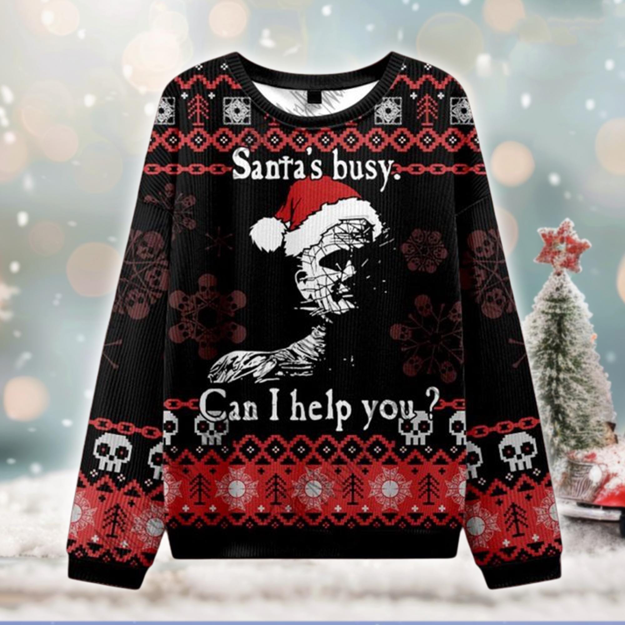 Discover Pinhead Santa Ugly Christmas Sweater, Horror Xmas Jumper, Santas Busy Can I Help You, Hellraiser Holiday Sweatshirt, Gift for Fans