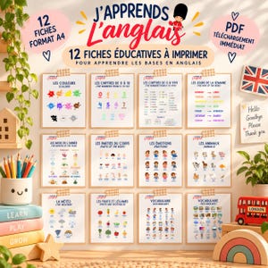 Puede incluir: Un conjunto de 12 hojas educativas imprimibles tituladas J'APPRENDS L'anglais, que cubren temas como colores, números, días de la semana, meses, partes del cuerpo, emociones, animales, clima y vocabulario, presentadas en una cuadrícula.