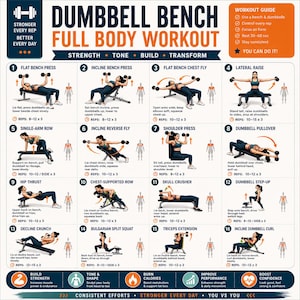 May include: A workout chart titled DUMBBELL BENCH FULL BODY WORKOUT featuring sixteen numbered exercise illustrations. Each section displays a person performing a specific movement with dumbbells on a bench, including instructions and repetition counts.
