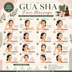 May include: An instructional poster titled GUA SHA Face Massage featuring sixteen numbered illustrations of a person demonstrating facial massage techniques with a green stone tool, accompanied by a brown dropper bottle and floral accents.
