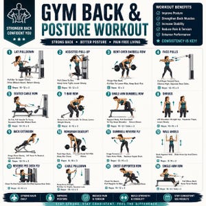 Övningar för rygghållning på gymmet, diagram över övningar för övre och nedre delen av ryggen med kabel och hantlar, träning med lats traps och romboider, väggkonst för gymmet i PDF-format