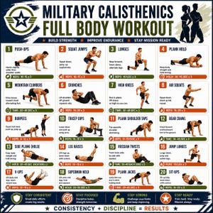May include: A white infographic poster titled Military Calisthenics Full Body Workout featuring twenty numbered exercise illustrations with instructions and repetition counts, including push-ups, squats, lunges, planks, and crunches for fitness.