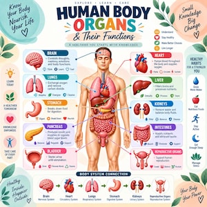 May include: An educational poster titled Human Body Organs & Their Functions featuring a central anatomical illustration of a human body surrounded by labeled diagrams of the brain, heart, lungs, liver, stomach, kidneys, pancreas, and intestines.