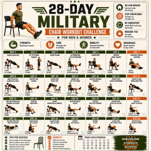 May include: A 28-day military chair workout challenge chart featuring a daily exercise schedule with illustrations of a person performing various movements on a chair, including push-ups, squats, and planks, with text instructions and checkboxes.