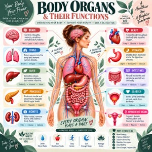 May include: An educational poster titled Body Organs & Their Functions featuring a central human figure with internal organs highlighted. Surrounding text boxes detail the brain, lungs, liver, pancreas, kidneys, heart, stomach, intestines, bladder, and reproductive organs with their specific biological roles and healthy habits.