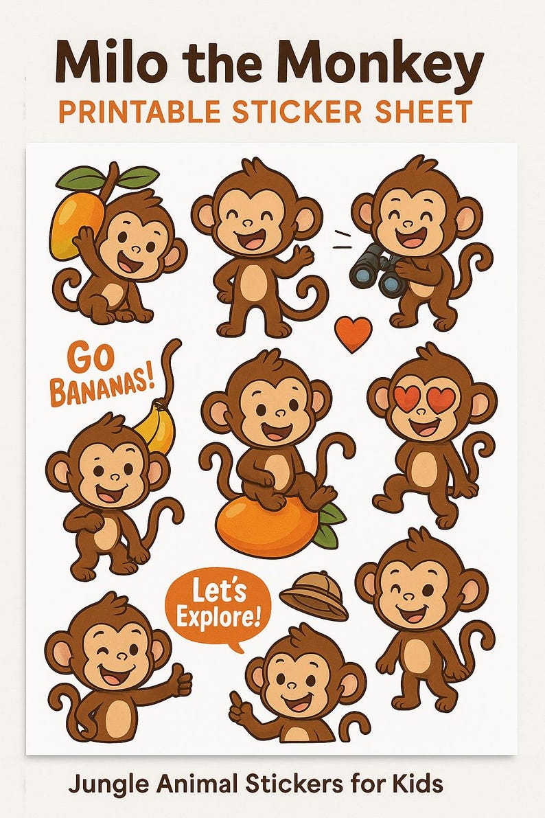 Milo Monkey Milo the Monkey Printable Sticker Sheet | Jungle Animal Stickers for ...