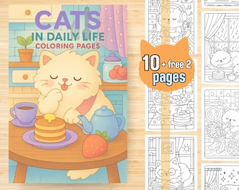 Cats in Daily Life Coloring Book | Coloring Book for Kids & Adults – 10+2 Pages | PDF + PNG Instant Download