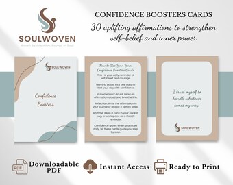 Puede incluir: Tres tarjetas de afirmación con el texto "Confidence Boosters" y "I trust myself to handle whatever comes my way." Las tarjetas están diseñadas con una paleta de colores neutros y presentan el logotipo de Soulwoven.