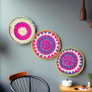 Set of 3 Handmade Colorful Woven Wall Baskets – Vibrant Boho Rustic Wall Decor Plates