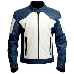 Men’s Navy Blue  White Genuine Sheepskin Leather Racer Jacket – Stand Collar, Zip-Up, Stylish Comfortable Biker Outfit Sheepskin Winter Coat