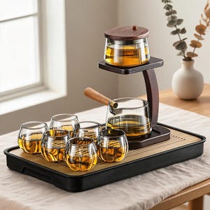 Puede incluir: Un juego de té con seis tazas de cristal transparente llenas de líquido ámbar, una tetera de cristal con mango de madera y un calentador de cristal con tapa de madera, sobre una bandeja rectangular de color negro y bambú.