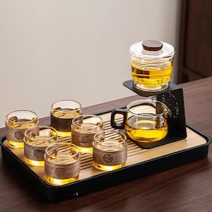 Può includere: Un set da tè con una teiera in vetro, un infusore in vetro e sei bicchieri piccoli. I bicchieri hanno fasce di legno. Il tè è di colore dorato e il set è appoggiato su un vassoio nero con base in bambù.