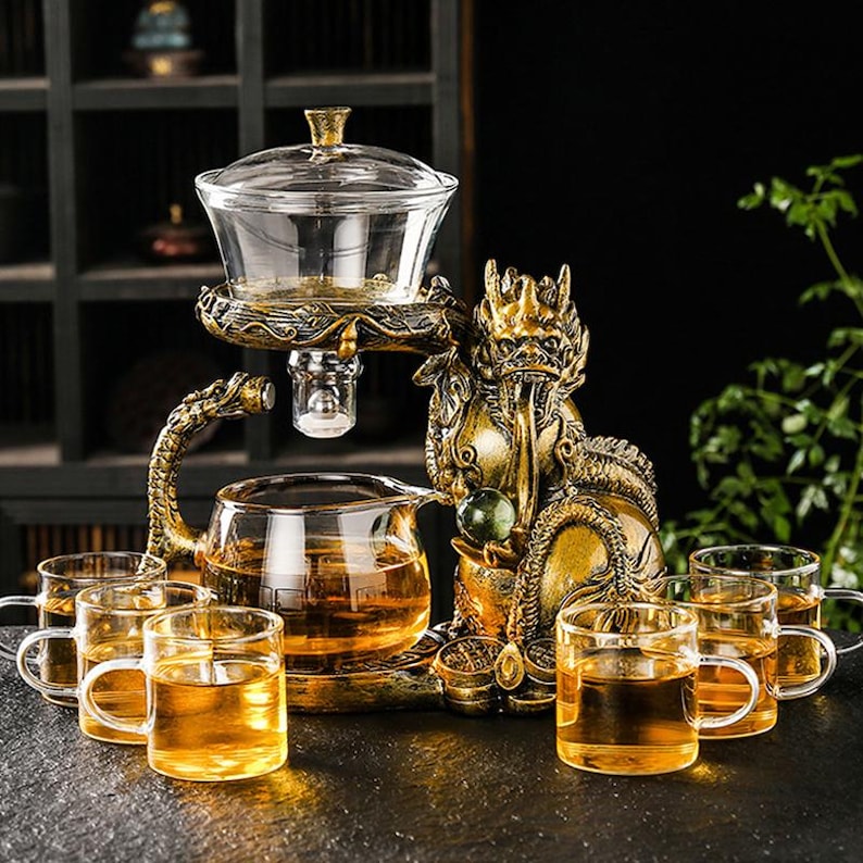 Embossed Dragon Playing With a Pearl Automatic Glass Tea Set | High ...