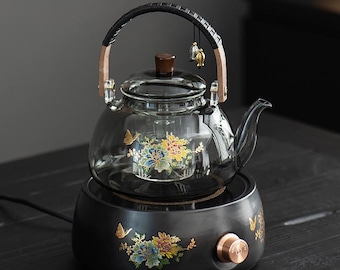 Bollitore elettrico per il tè in ceramica / Teiera in vetro / Bollitore per camino / Teiera a forma di fiore / Teiera per la preparazione del tè / Set per il tè pomeridiano