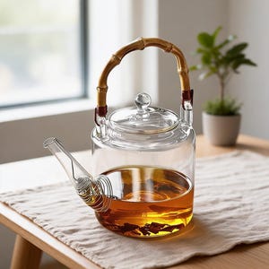 Puede incluir: Una tetera de cristal transparente con asa de bambú y tapa de cristal a juego. La tetera cuenta con un filtro de muelle metálico de color plateado en el pico y contiene té de color ámbar con hojas visibles en el fondo del recipiente.