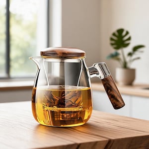 May include: A clear glass teapot featuring a dark brown wood-grain lid and a matching wood-grain handle. The teapot contains a metal infuser basket filled with loose tea leaves submerged in a golden-coloured liquid, showcasing a modern design.