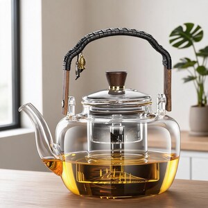 May include: A clear glass teapot with a rounded body, a curved spout, and a lid featuring a dark brown wooden knob. The handle is wrapped in dark material with wooden accents and a small gold-toned fish charm hanging from the side of the handle.