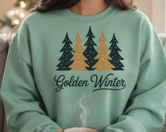 Diseño de sudadera con árboles dorados de invierno en formato PNG / 300 ppp, listo para imprimir en formato digital para las fiestas.