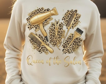 Reina del Salón PNG con Herramientas de Peluquería Dorada