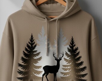 Silueta de ciervo en bosque de pinos / PNG rústico de invierno (Descarga digital)