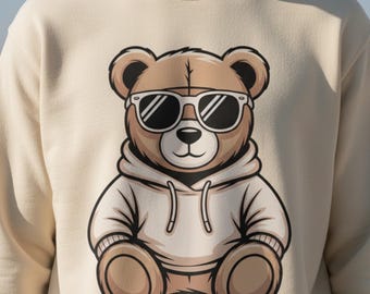 Diseño de sudadera con capucha y gafas de sol de osito de peluche (descarga digital PNG)