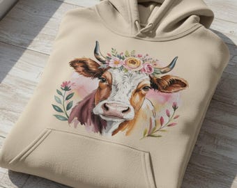 Diseño de camiseta floral con vaca en acuarela PNG / 300 ppp, estilo boho, listo para imprimir (descarga digital)