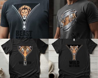 Diseño de camiseta con cremallera de tigre y león: Animal salvaje PNG (Descarga digital)