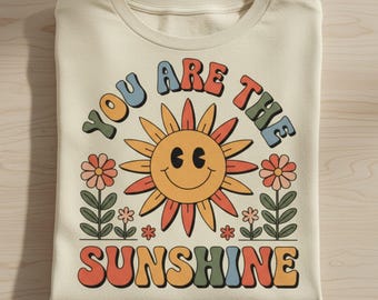 Diseño de camiseta retro con sol sonriente / Flores groovy de los 70 (Descarga digital)