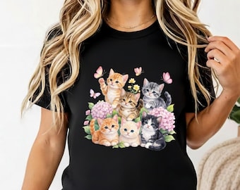 Varios gatos con flores PNG fondo transparente