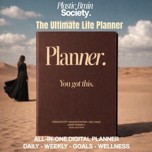 Puede incluir: Una agenda marrón con la palabra "Planner" en letras doradas. El texto "You got this" está debajo del título. La agenda se describe como la "Ultimate Life Planner" e incluye el texto "Productividad, Manifestación, Bienestar, Apto para TDAH, Edición 2025."