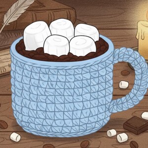May include: A light blue knitted mug filled with hot chocolate and topped with five large white marshmallows. The mug sits on a wooden surface with scattered marshmallows, coffee beans, and a piece of chocolate.