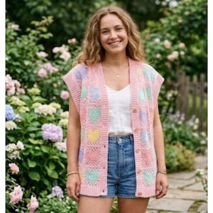 May include: A sleeveless pink crochet cardigan with pastel heart-shaped squares. The cardigan has wooden buttons and is worn over a white top and denim shorts. The background features a garden with flowers.