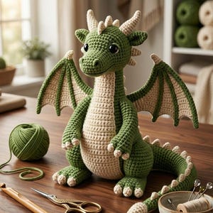 May include: A handcrafted green and cream crochet dragon with large black eyes, wings, and horns. The dragon is on a wooden surface, with a ball of green yarn, scissors, and a crochet hook nearby. The dragon is a whimsical, handcrafted item.