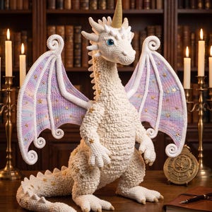 Puede incluir: Un dragón de ganchillo color crema con un cuerno dorado y detalles de estrellas. El dragón tiene grandes alas detalladas en colores pastel. El texto en la parte inferior dice "THE STAR-WINGED DRACONIC GUARDIAN - 1st Edition".
