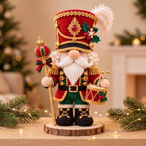 May include: A crocheted nutcracker figure wearing a red and green uniform with gold trim, a tall hat with a red gem, and white yarn hair and beard. The figure holds a gold staff with a red and green sphere and a small drum with two drumsticks.