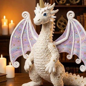 May include: A handcrafted, white crochet dragon with blue eyes, a golden horn, and gold star accents. The dragon has large wings with pastel purple, blue, and yellow detailing. The dragon is posed on a wooden surface.