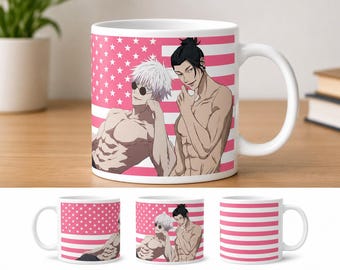 Anime Jujutsu Kaisen Gojo Satoru Geto Suguru Pink American Flag Coffe Mug