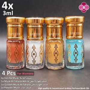 4x muschio da donna (Tahara dorato + Tahara bianco + vaniglia + polvere) 3 ml di profumo arabo di alta qualità concentrato