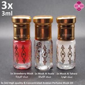 3x Profumo Arabo Muschio Tahara, Fragola, Al Asala 3ml Oud Concentrato di Alta Qualità Vaniglia Kandy Polvere مسك طهارة Collezione Meravigliosa