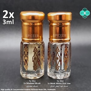 2x (Madawi Musk + Musk White Oud Uae) 3 ml di profumo arabo di alta qualità concentrato misk tahara fragrante مسك عود ابيض اماراتي ومسك مضاوي
